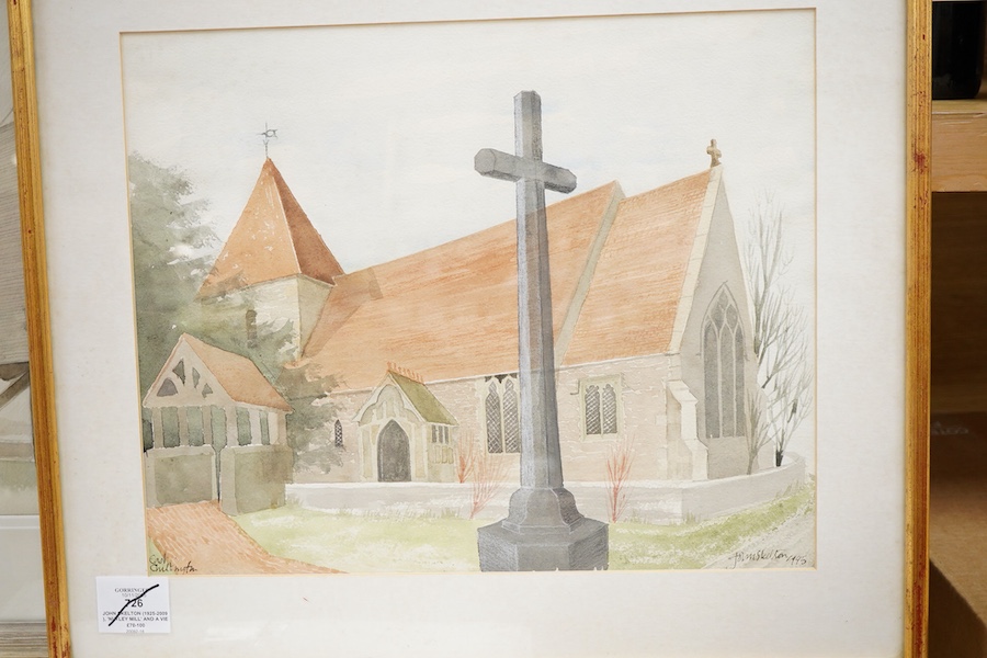 John Skelton (1925-2009), ‘Nutley Mill’ and a view of a church, each signed and dated '79 and 1995, two watercolours, largest 29 x 35cm, Provenance: from the artist's family